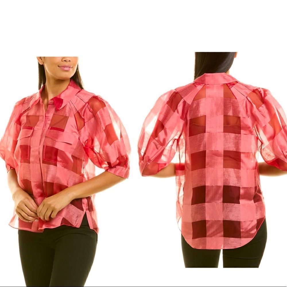 REBECCA Taylor Silk ORGANZA CHECK Button Down Blouse TOP